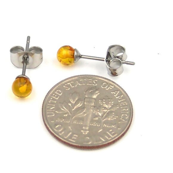 Yellow Amber Ball Stud Earrings Hypoallergenic Surgical Steel 4mm SMALL - Picture 4 of 4